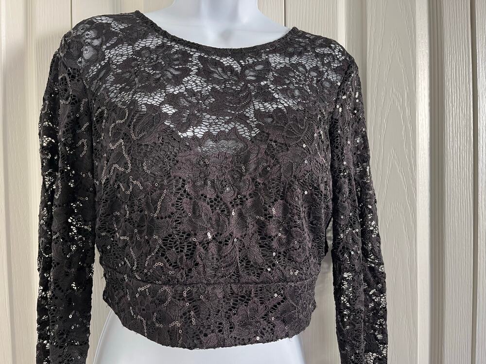 B. Darlin Black Sequin Lace Crop Top Open Back Juniors 13/14 Long Sleeve Party